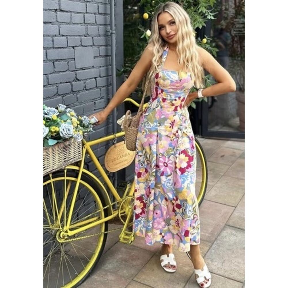 ZARA | SS25 Bold Maximalist Floral Linen Blend MIDI Dress Halter Neck Summer